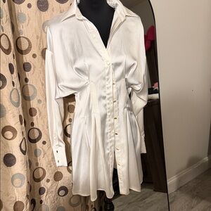 Zara White Satin Button-Down Shirt Dress
